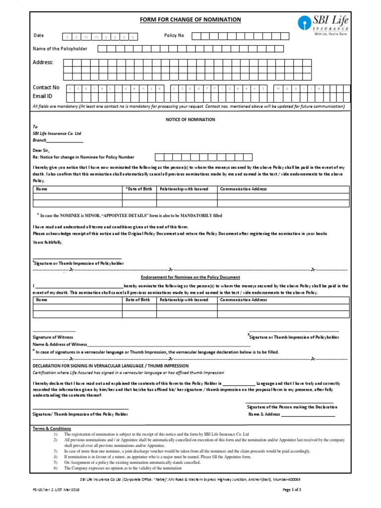 Form For Change Of Nomination V2 Insurance Government Free 30 day
