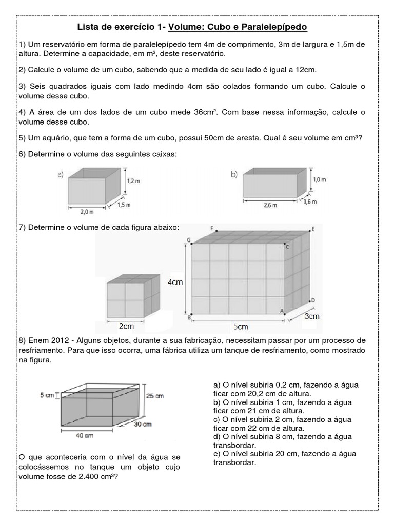 Exercícios de Volume: Cubo e Paralelepípedo | PDF | Ciências e Matemática