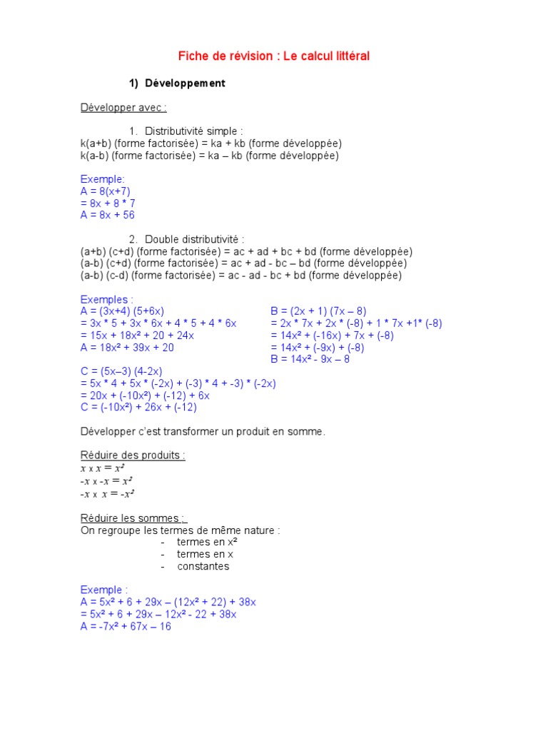 Exercice Calcul Littéral 3ème Brevet Pdf Calcul Littéral | PDF | Nombre | Algèbre
