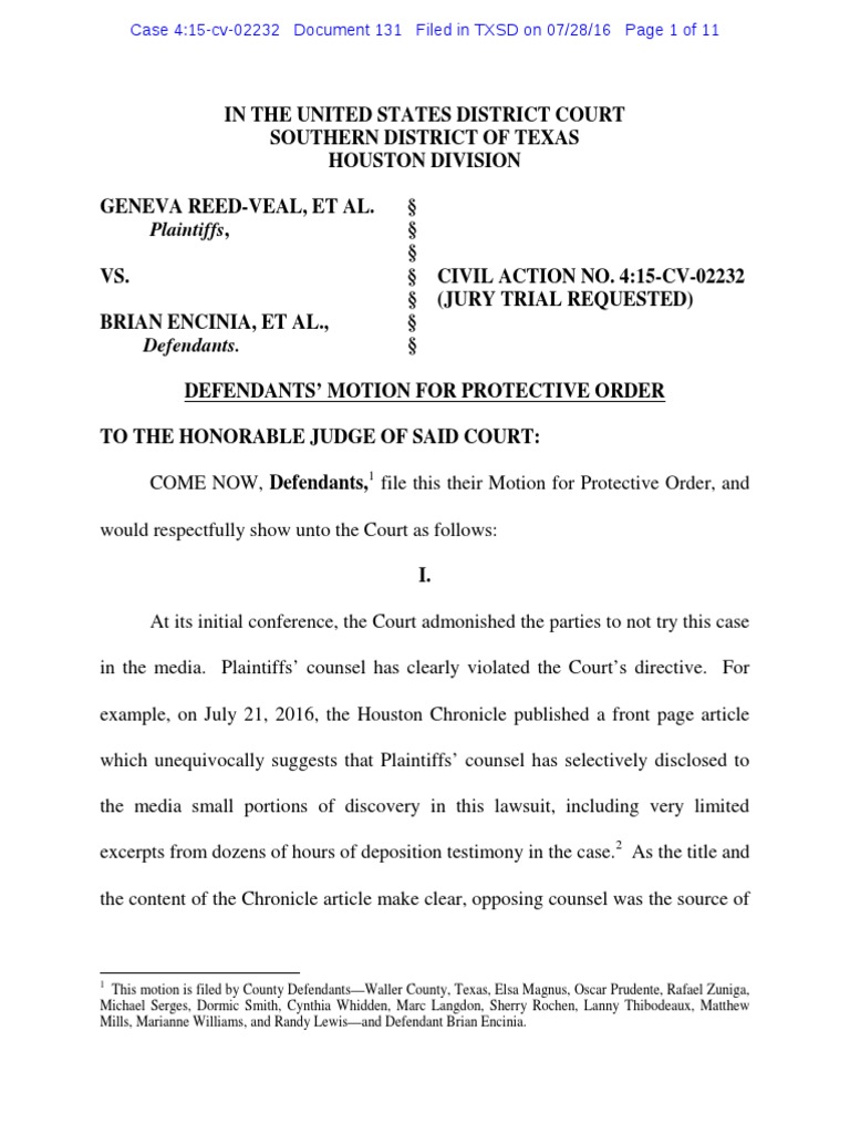 Motion For Protective Order Sandra Bland Case PDF Deposition (Law