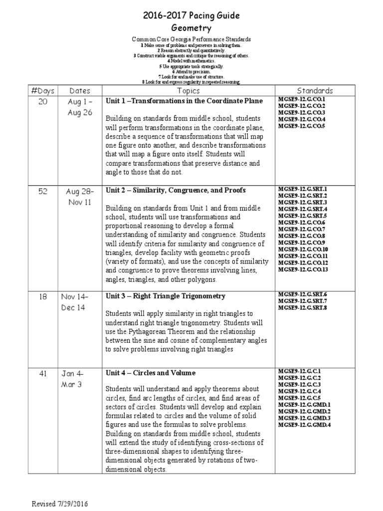 Geometry Pacing Guide 2016-2017 | PDF | Triangle | Circle
