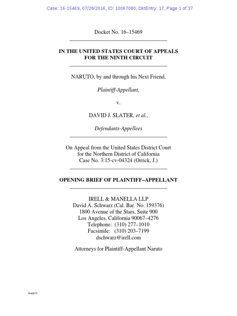 Naruto V Slater Appeal Opening Brief Standing Law Copyright Law 
