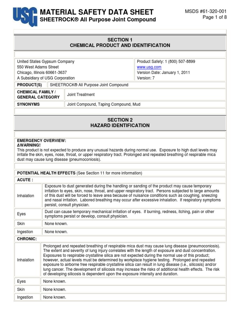 Sheetrock All Purpose Joint Compound Msds en 61320001 Carcinogen