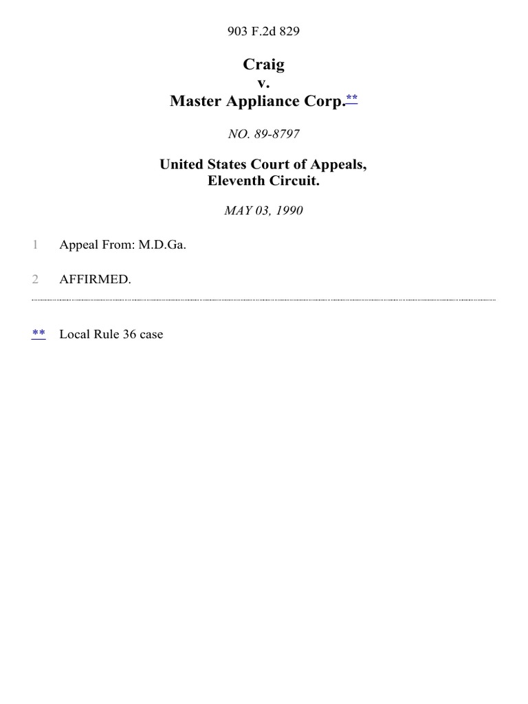 Craig v. Master Appliance Corp., 903 F.2d 829, 11th Cir. (1990) PDF