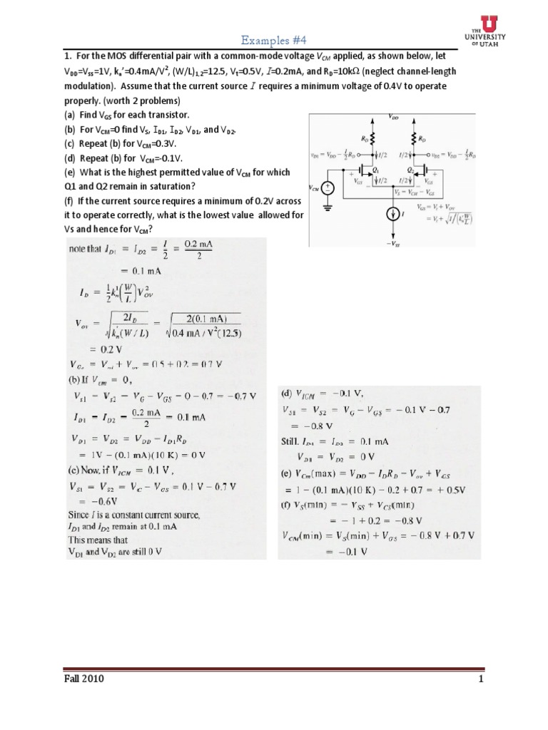 Differential Amplifiers Problems of MOS - 1 | PDF | Amplifier | Mosfet