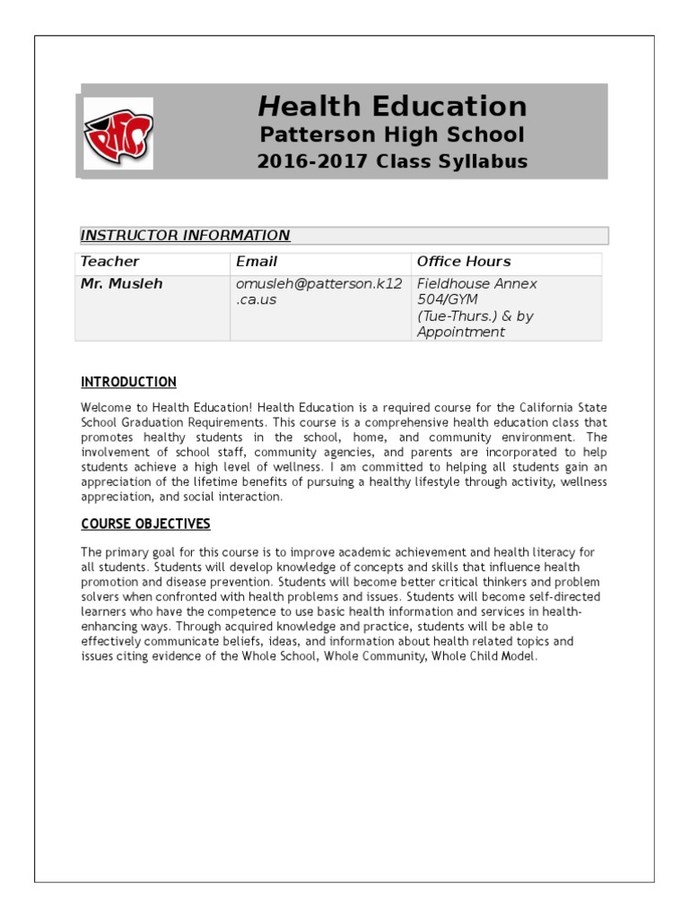 Patterson High School Health Syllabus | PDF | Health Education | Homework