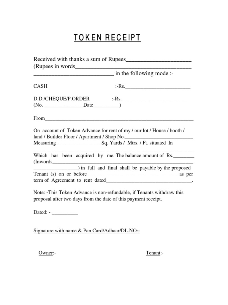 Token Receipt for advance rent format Receipt Payments