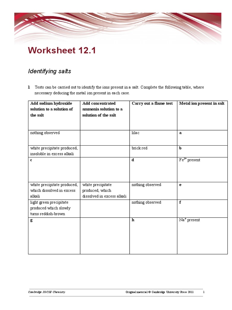 Salt Ion Identification Worksheet | PDF