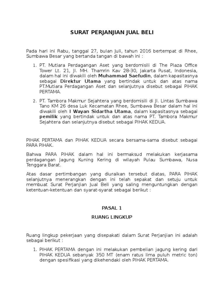 Surat Perjanjian Jual Beli Jagung Pt Tambora Makmur Sejahtera