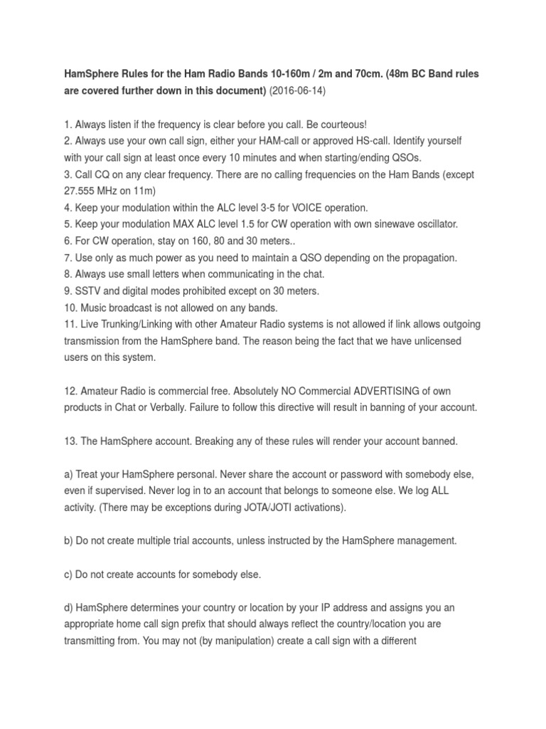 HamSphere Rules for Ham Radio Bands and Modes | PDF