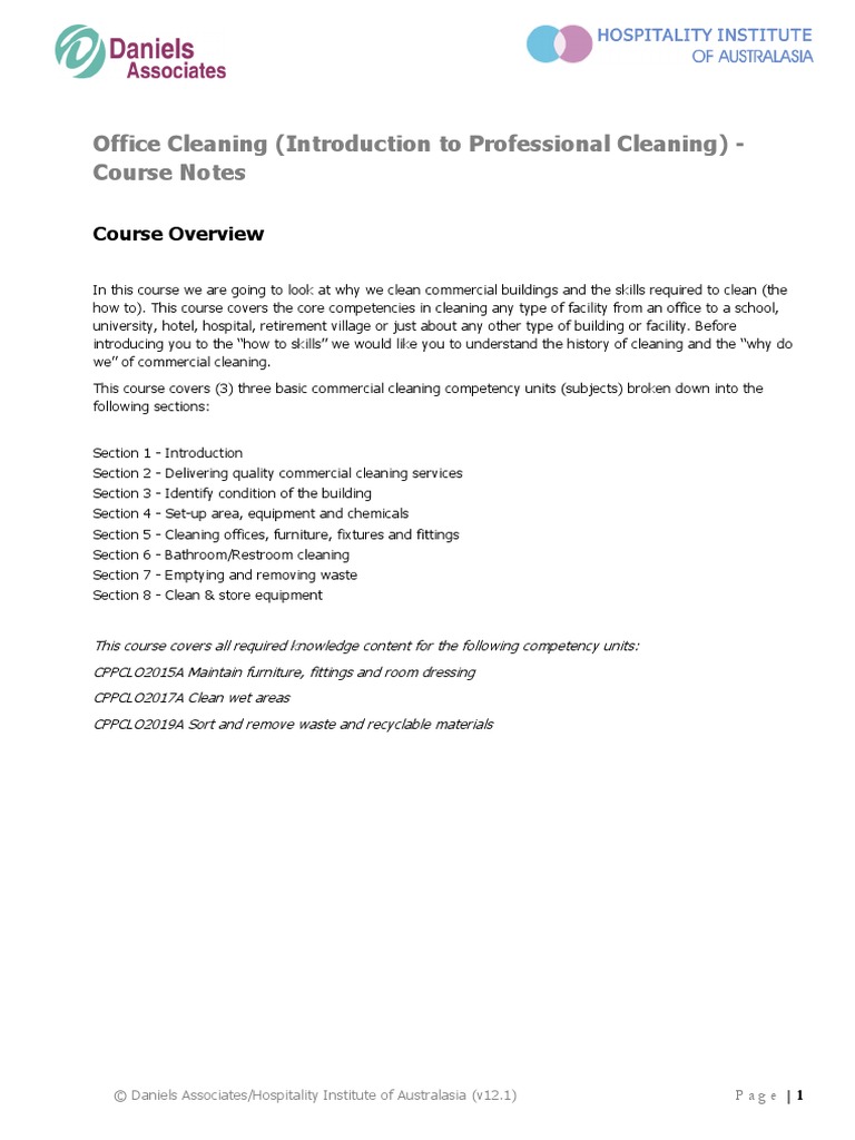 Office Cleaning 1 v12.1 Course Notes | PDF | Housekeeping | Vacuum Cleaner