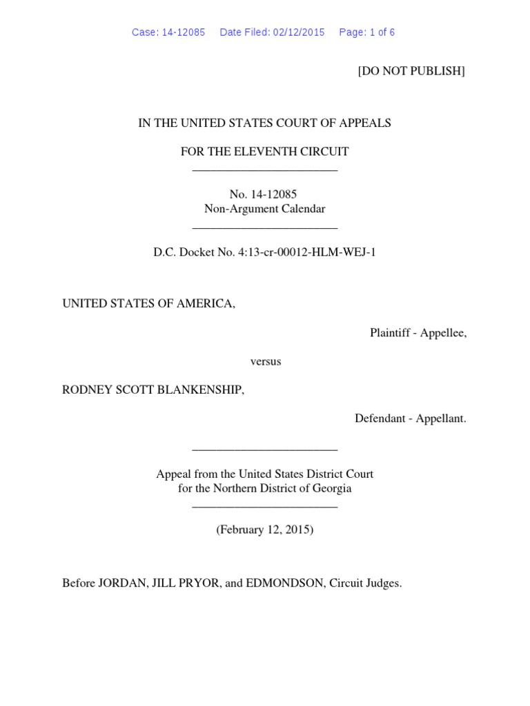 United States v. Rodney Scott Blankenship, 11th Cir. (2015) | PDF |  Reasonable Person | Sentence (Law)