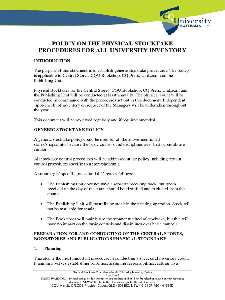 Physical Stocktake Procedures For All University Inventory PDF