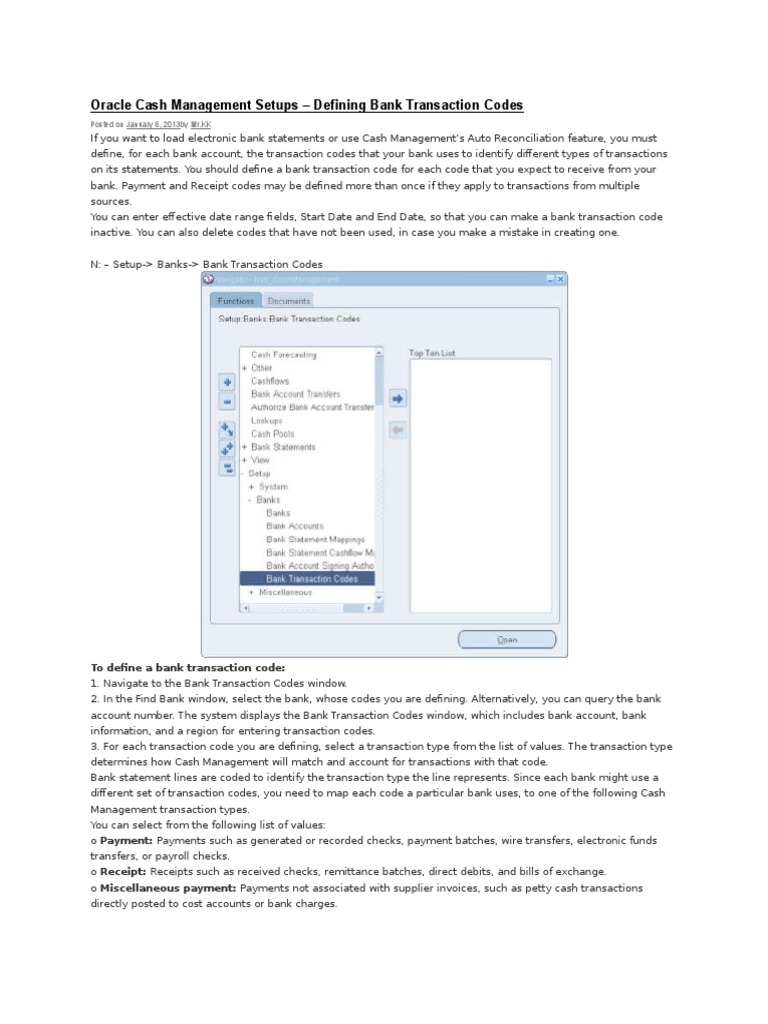 Defining Bank Transaction Codes in Oracle | PDF | Receipt | Cheque
