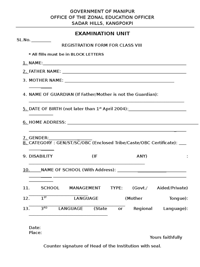 Class 8 Registration Form 2025 | PDF
