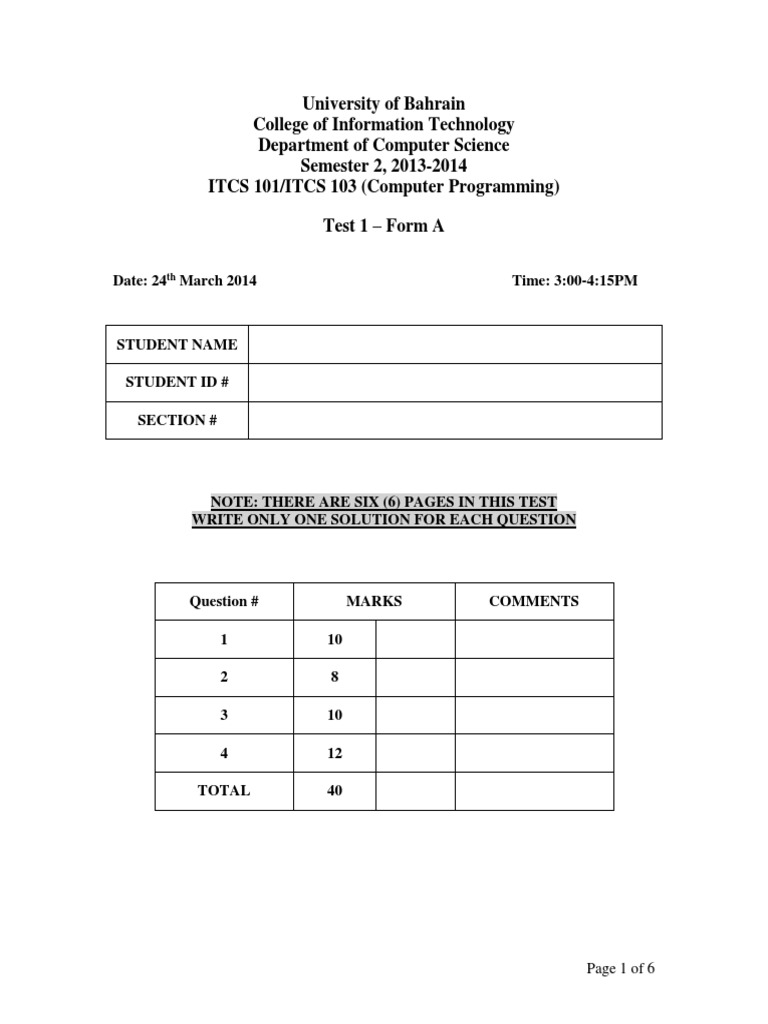 Computer Programming Test 1 - ITCS 101/103 | PDF | Teaching Methods ...