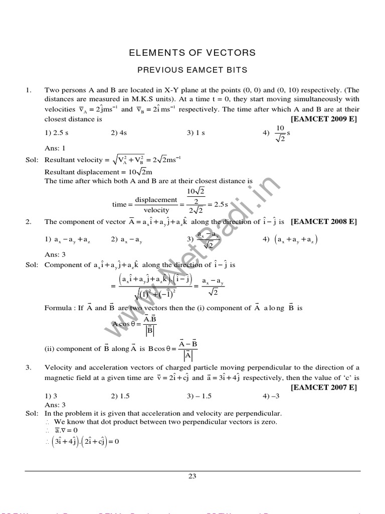Elements of Vectors in Motion Problems | PDF | Teaching Methods & Materials