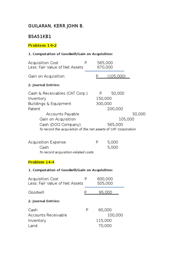 Goodwill Computation and Journal Entries | PDF | Goodwill (Accounting ...