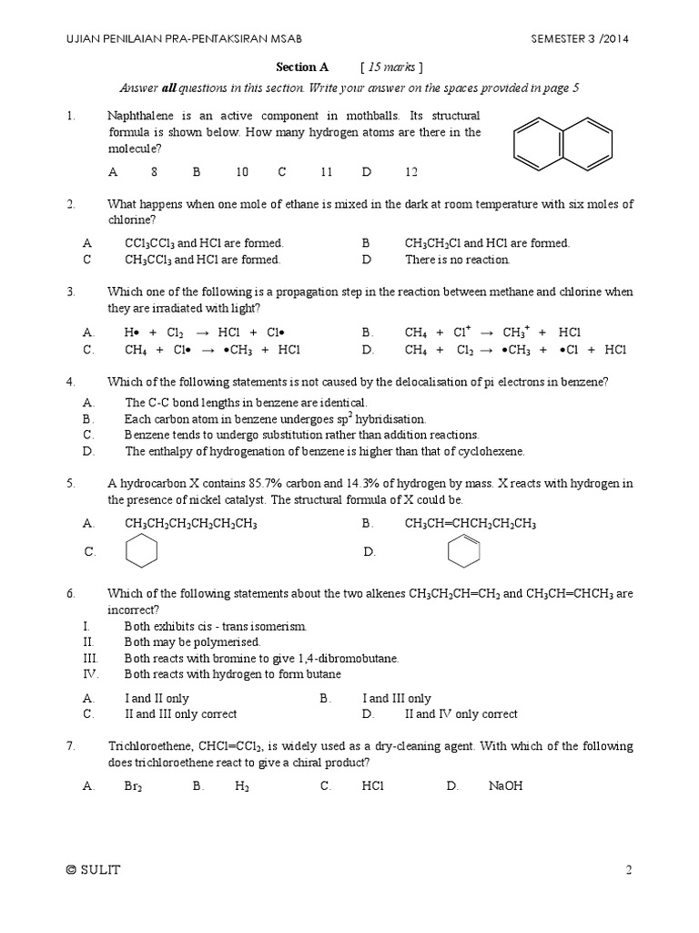 Ujian Penilaian Pra-Pentaksiran Msab 2014 | PDF | Chemical Reactions ...