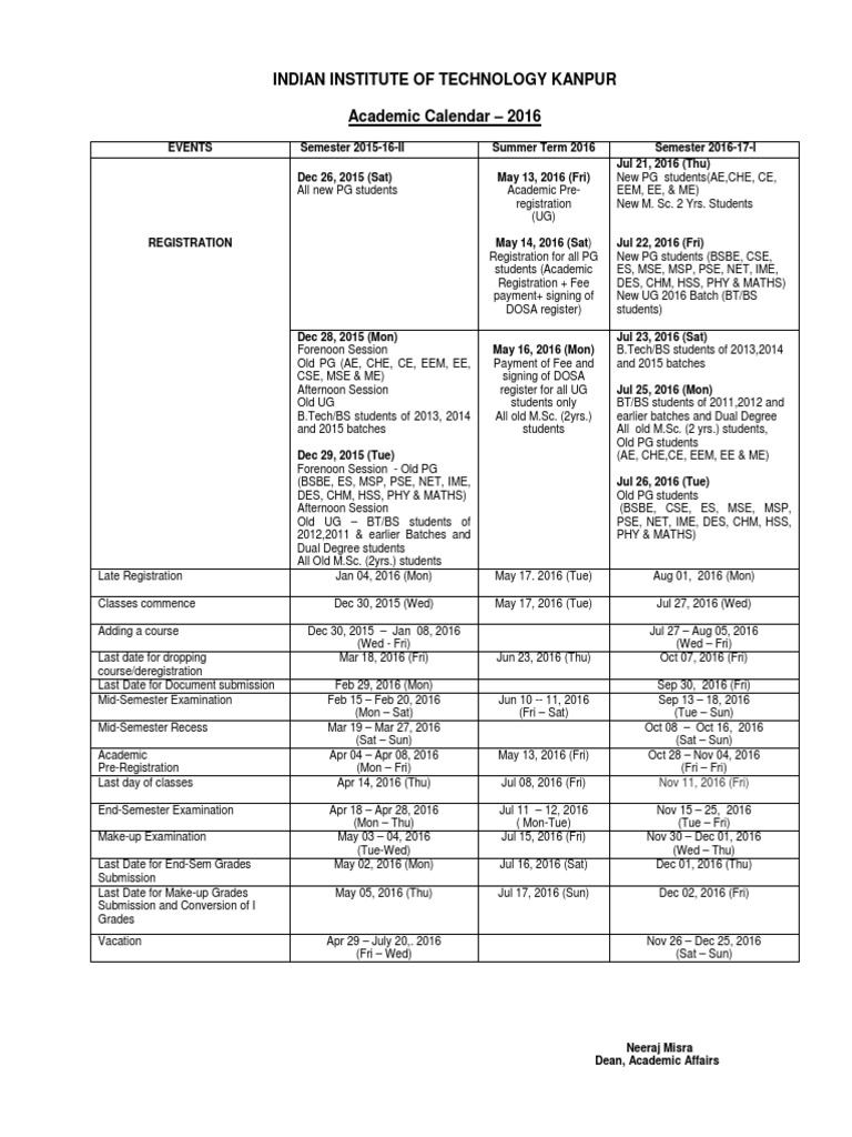 Indian Institute of Technology Kanpur Academic Calendar - 2016 | PDF