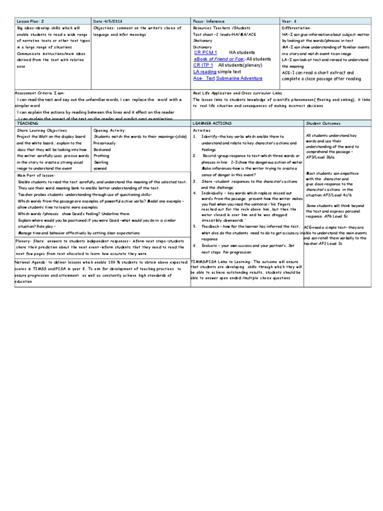 Year 6 Inference Lesson Plan | PDF | Programme For International ...