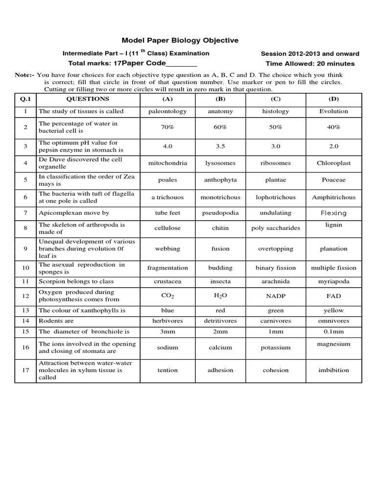 Class 11 Biology Model Paper 2012-13 | PDF | Curriculum | Biology