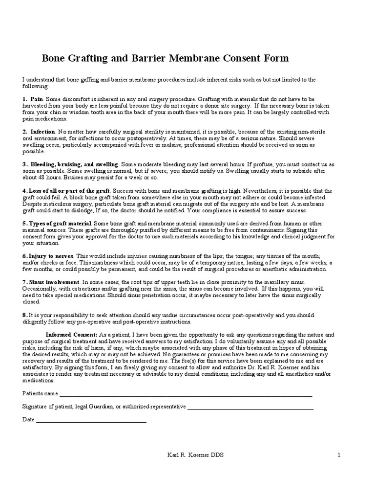 Bone Graft Consent Surgery Medical Specialties