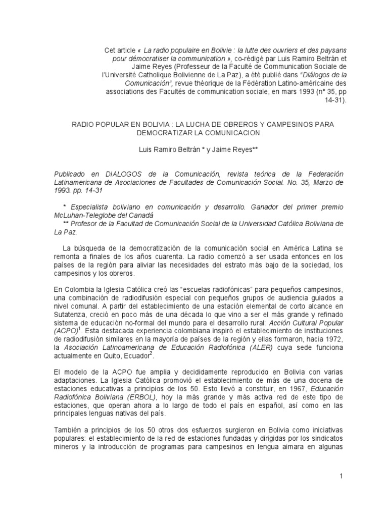 Radios Mineras Beltran y Reyes PDF Bolivia Democracia