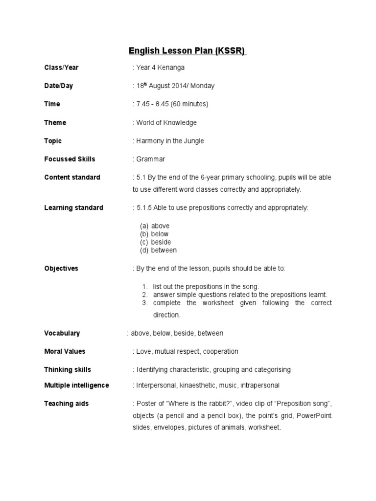 Year 4 English Lesson Plan: Prepositions | PDF | Lesson Plan | Learning