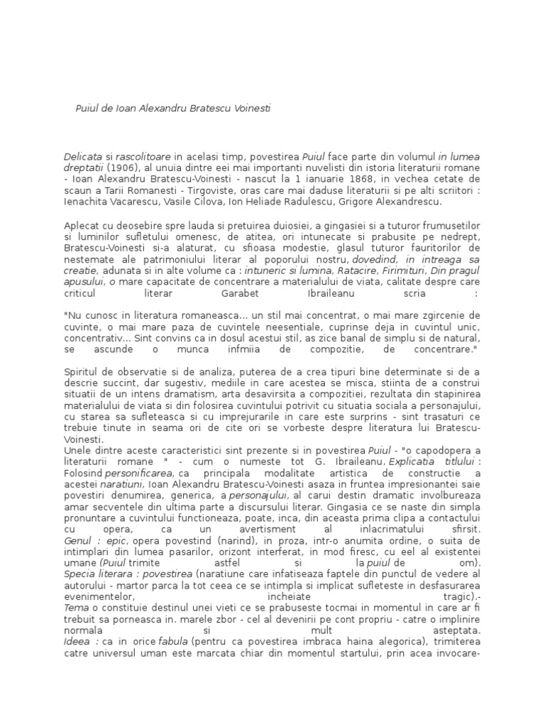 Puiul De Alexandru Bratescu Voinesti Rezumat Puiul de Ioan Alexandru Bratescu Voinesti | PDF