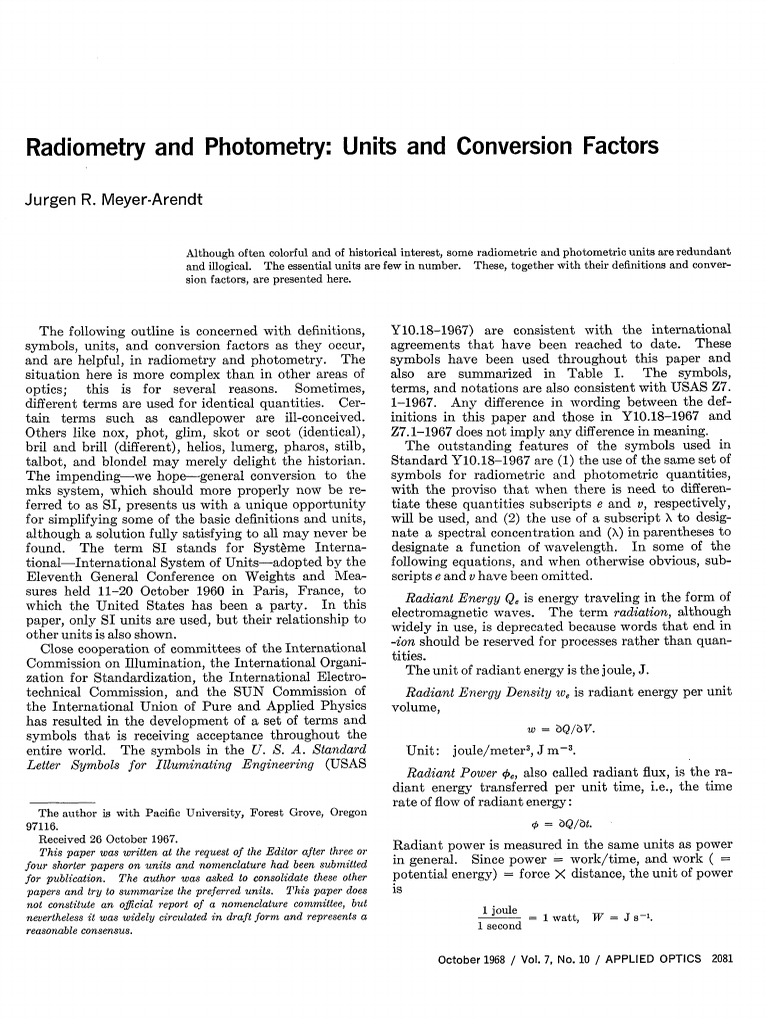 Radiometry and Photometry Units and Conversion Factors PDF | PDF ...