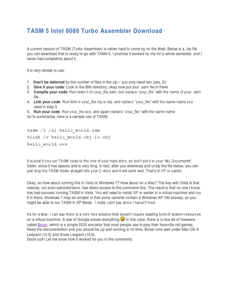 TASM 5 Intel 8086 Turbo Assembler Download: Tasm /L /Zi Hello.