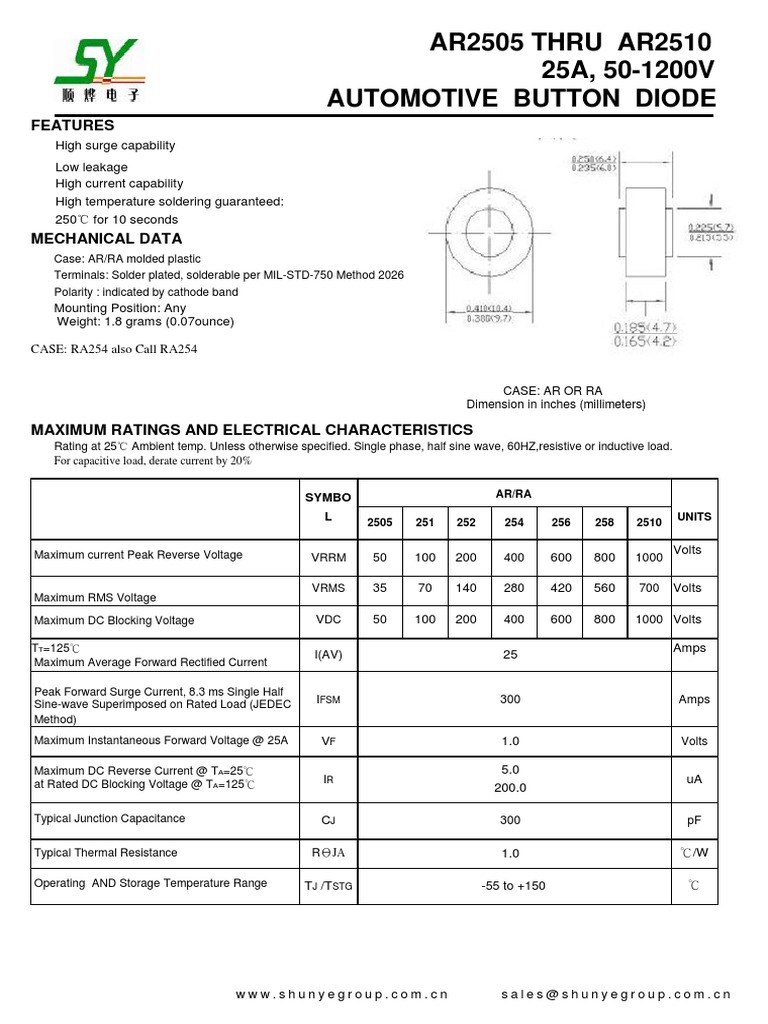 AR2505 THRU AR2510 25A, 50-1200V Automotive Button Diode: Features | PDF