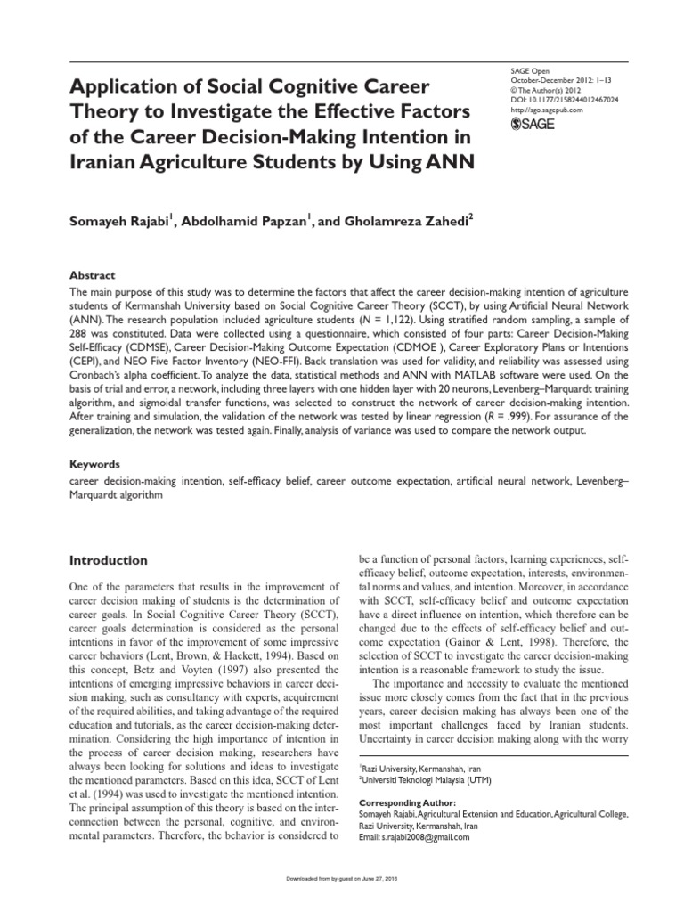 Application of Social Cognitive Career Theory To Investigate The ...