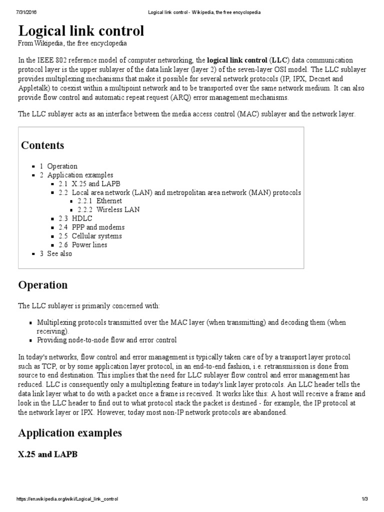 Logical Link Control PDF Architecture Computer Networking