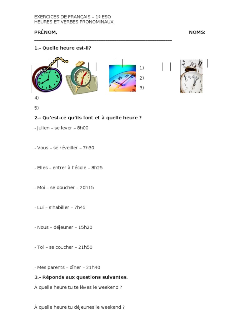 Exercices sur l'heure et verbes pronominaux | PDF | Arts du langage et ...