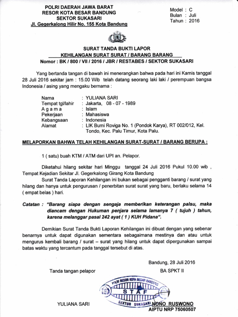 Contoh Surat Kehilangan Barang Dari Kepolisian