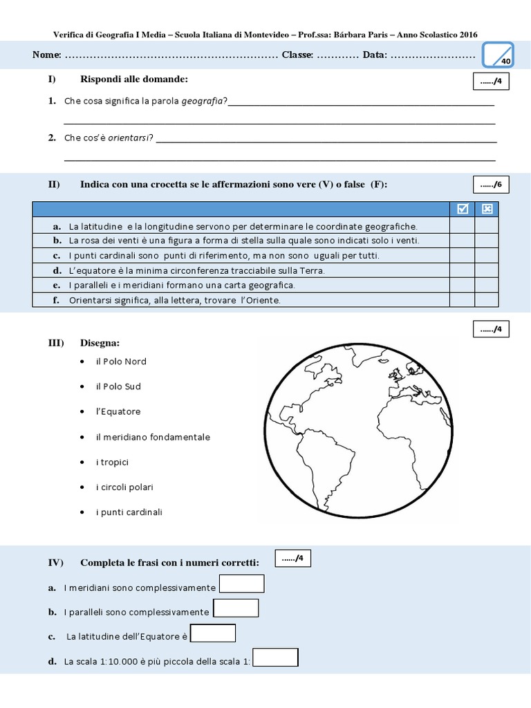 Verifica Geografia Prima Media Con Soluzioni