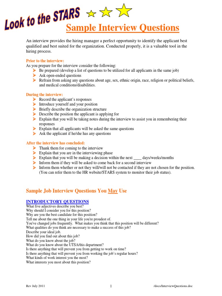 Sample Interview Questions: Prior To The Interview | PDF | Interview ...