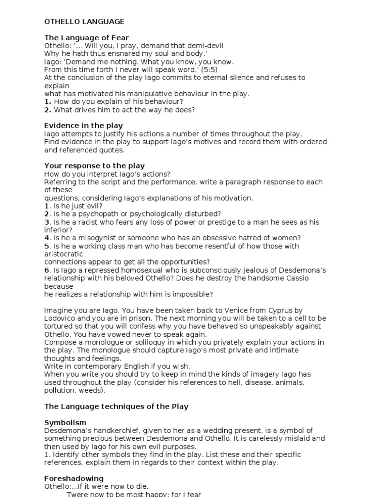 Othello Language Worksheet | PDF | Iago | Othello