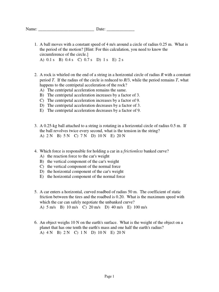 Physics Circular Motion and Forces Quiz | PDF | Force | Space