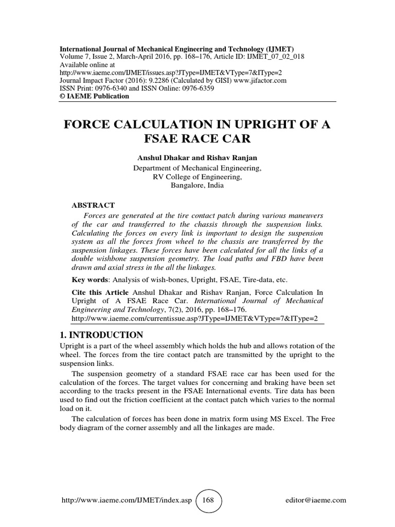 Force Calculation in Upright of A Fsae Race Car PDF Suspension