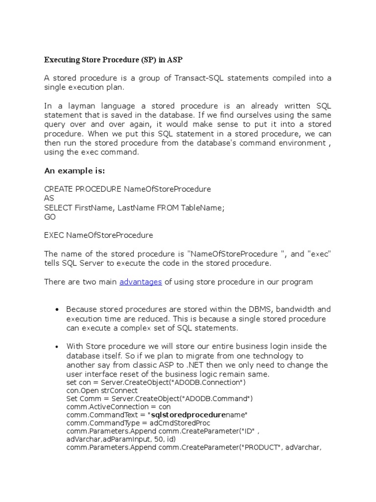 Executing Store Procedure (SP) in ASP: An Example Is | PDF | Computers ...