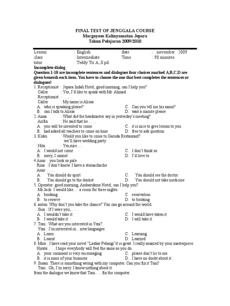 Final Examination of Jenggala Course PDF Business