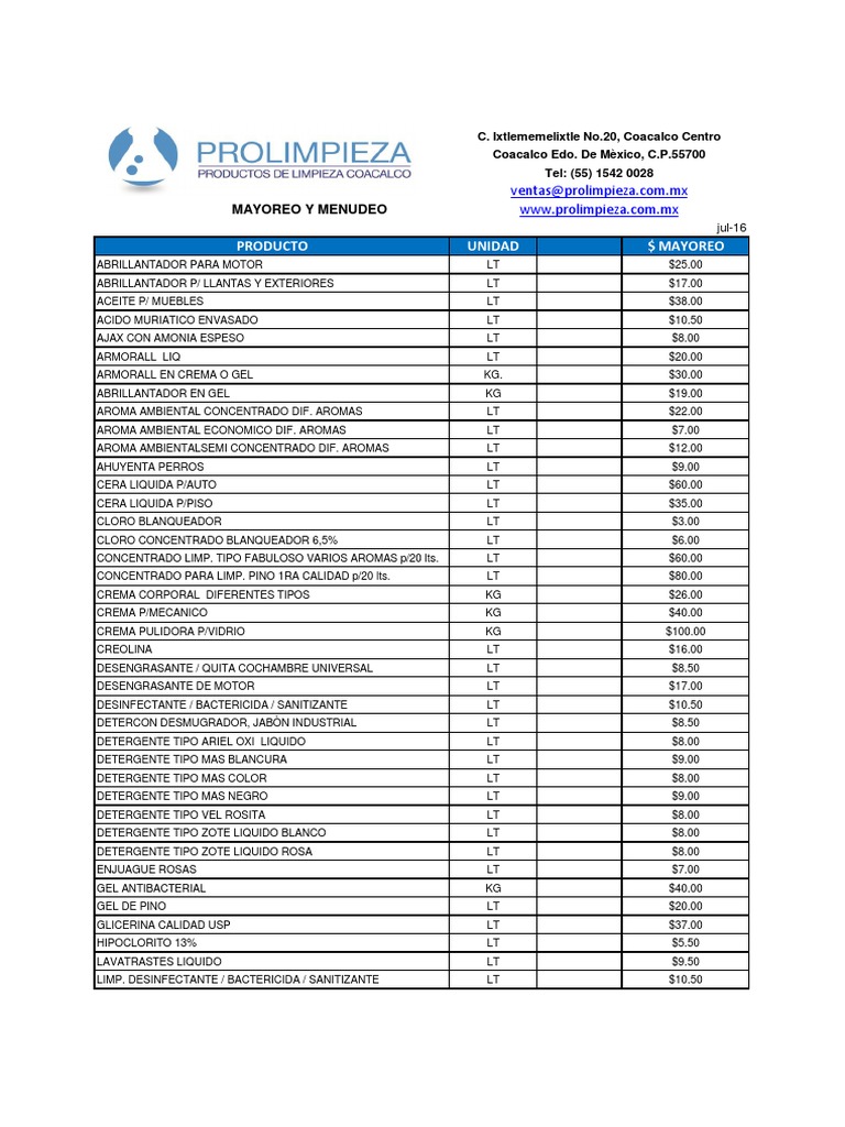Denso Es Énfasis Lista de Precios Liquidos Mayoreo Jul 16 | PDF | Productos de limpieza |  Limpieza