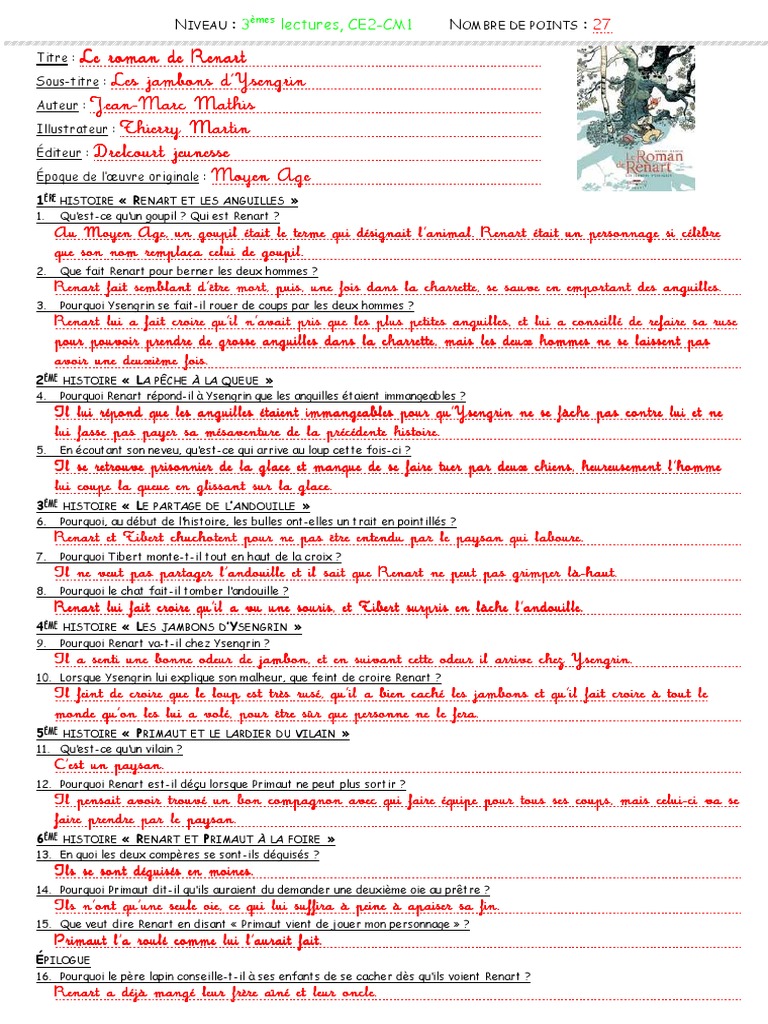 Le Roman De Renart Questionnaire Corrigé