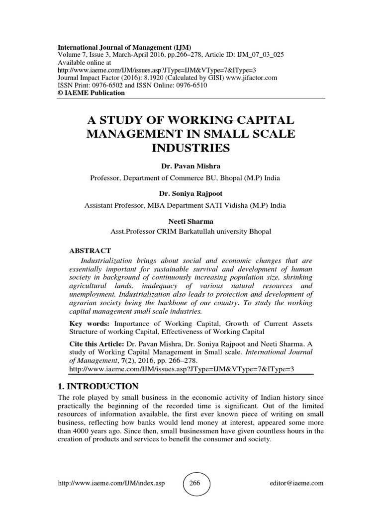 A Study of Working Capital Management in Small Scale Industries | PDF ...
