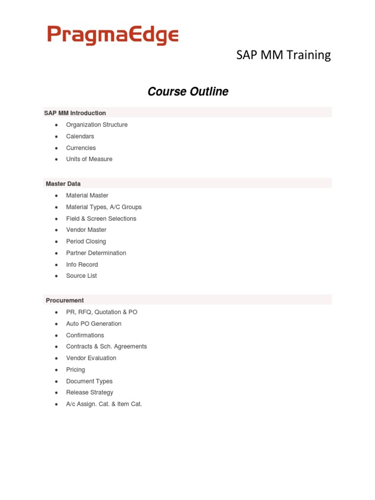 SAP MM Training Course Outline | PDF | Finance & Money Management
