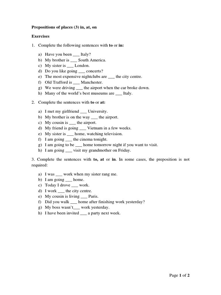 Prepositions: In, At, On Exercises | PDF | Language Arts & Discipline | Art