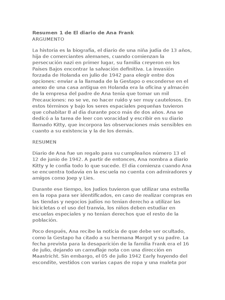 El Diario De Ana Frank Resumen Por Capítulos